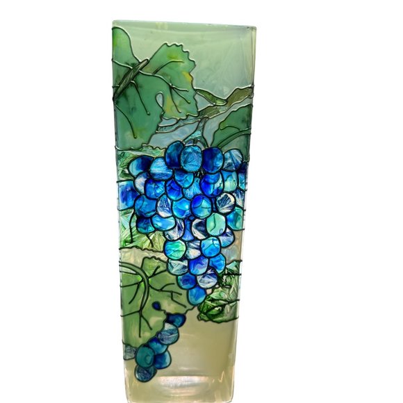 Hand Painted Grapes Vines Leaves Stained Glass Vase Joan Baker Designs 10" Tall - Picture 14 of 15